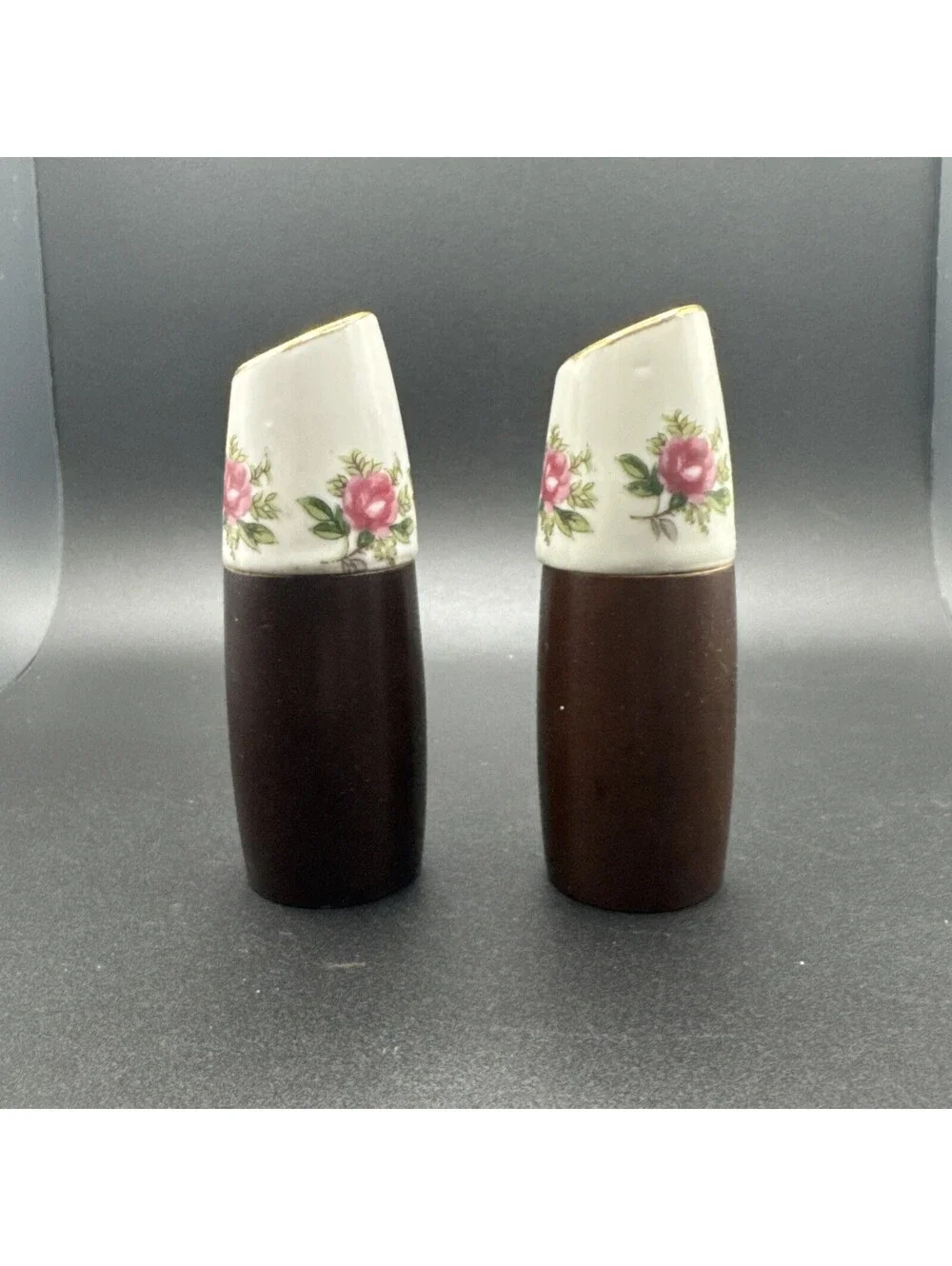 Vtg Nevco Teak Wood Floral Porcelain Salt & Pepper Shakers Mid Century Boho 4